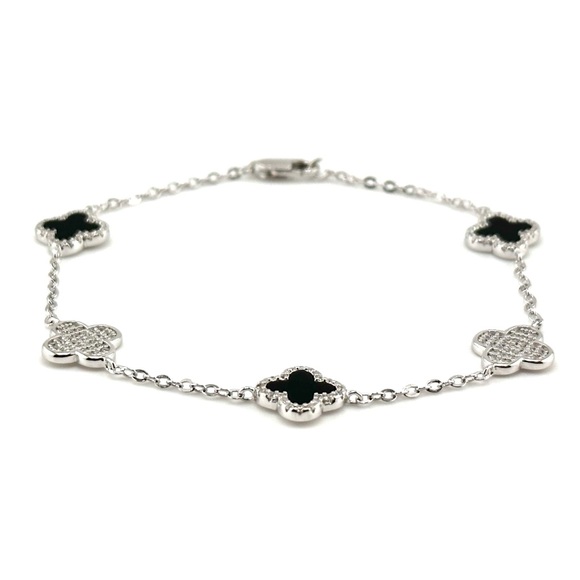 925 Solid Sterling Silver Luxury Black Onyx Clover Bracelet - Picture 4 of 8
